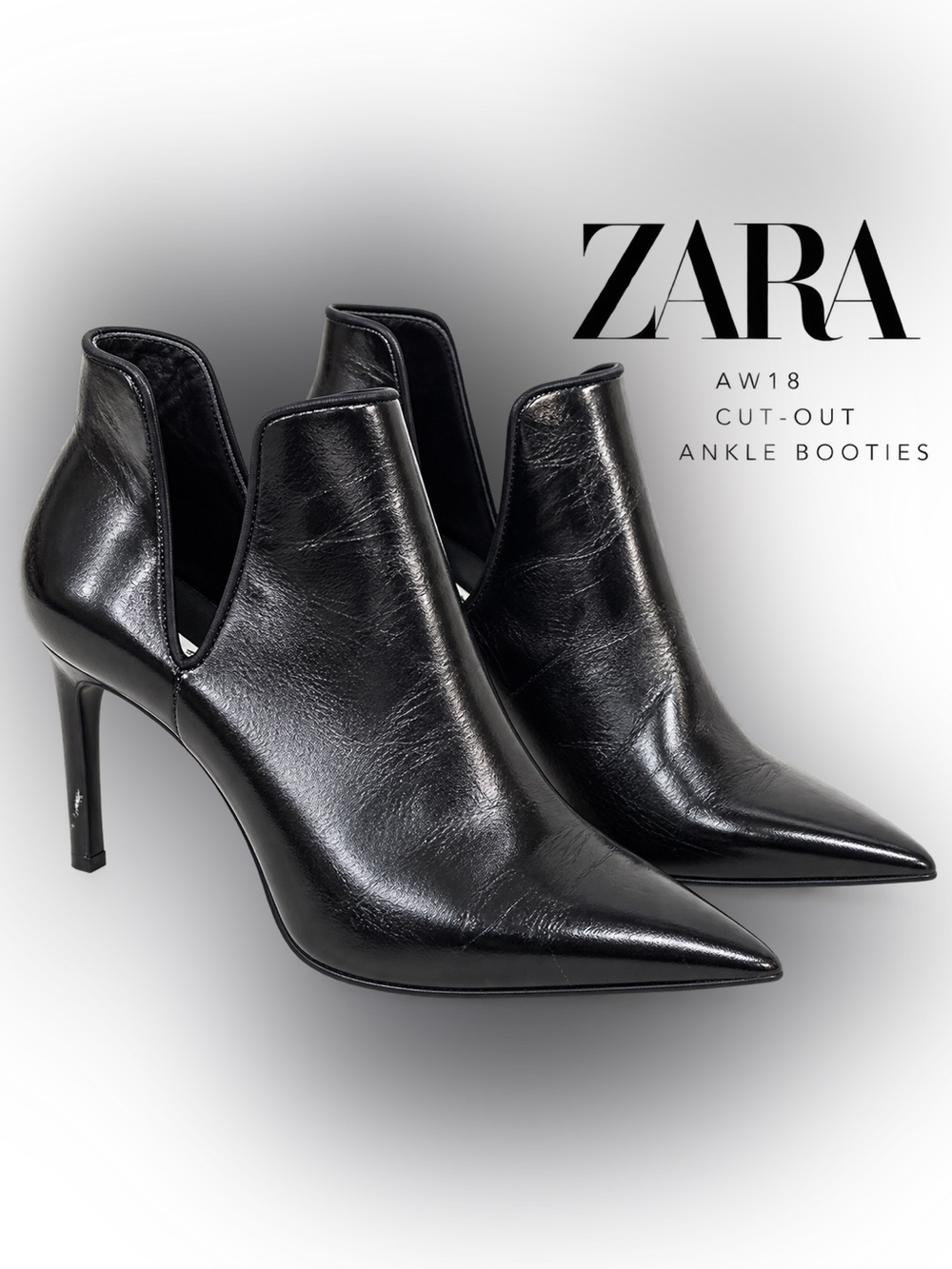 Zara AW18 Black Cut Out Pointed Toe Stiletto Ankle Boots 37